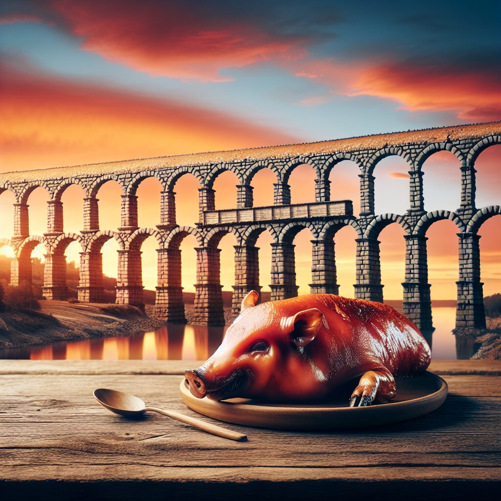 Imagen estilizada del Acueducto de Segovia al atardecer, con un plato de cochinillo asado colocado en primer plano so…