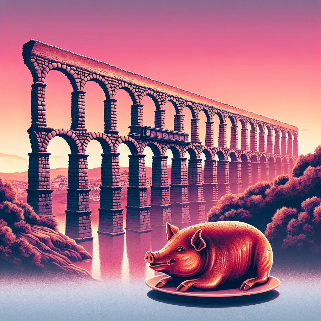 El Acueducto de Segovia iluminado al atardecer en estilo digital, con un plato de cochinillo asado estilizado en prim…