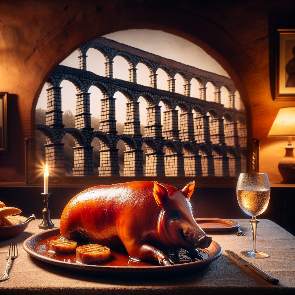 Un cochinillo asado servido sobre una bandeja de cerámica rústica en un comedor tradicional castellano, con el perfil…