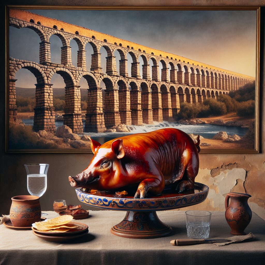 Un cochinillo asado sobre una fuente de cerámica tradicional, colocado sobre una mesa rústica con fondo estilizado de…
