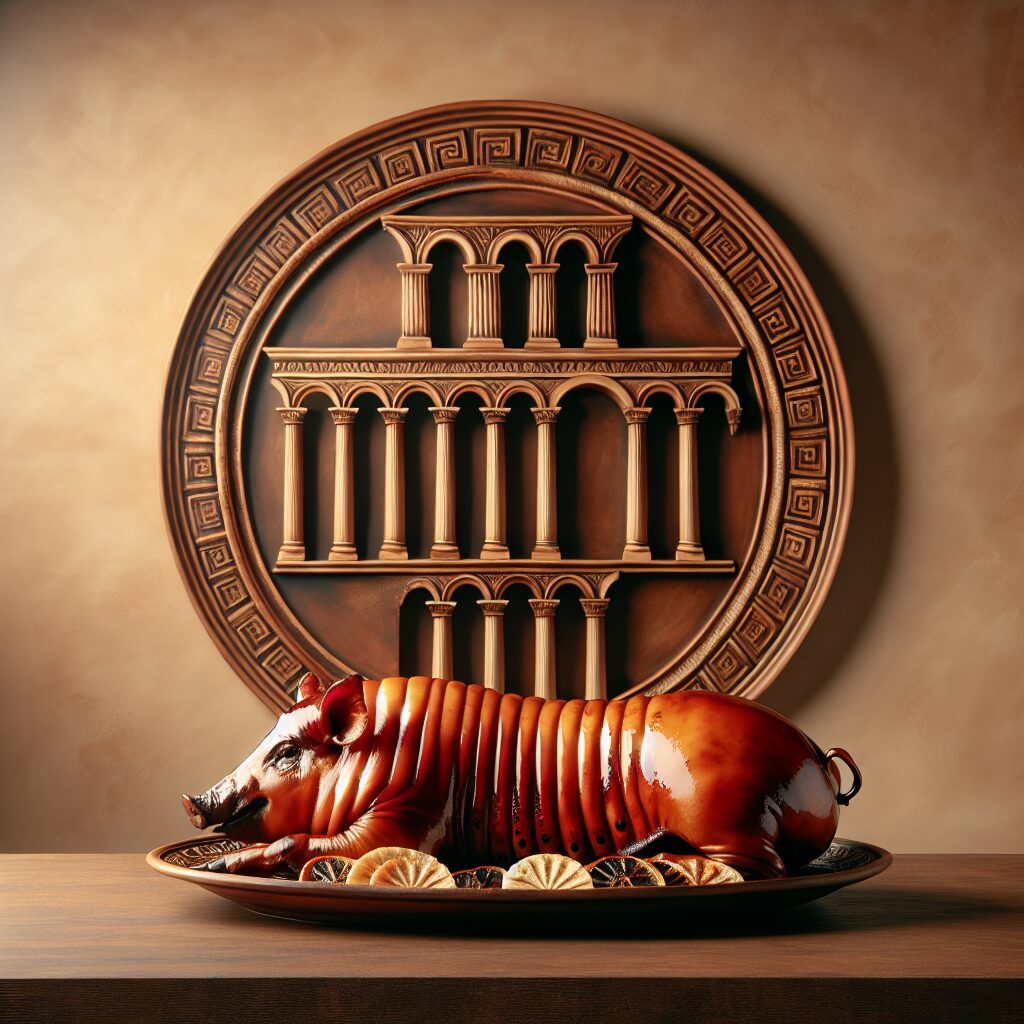 Un cochinillo asado sobre una fuente de cerámica tradicional, con piel dorada y brillante; fondo elegante que sugiere…