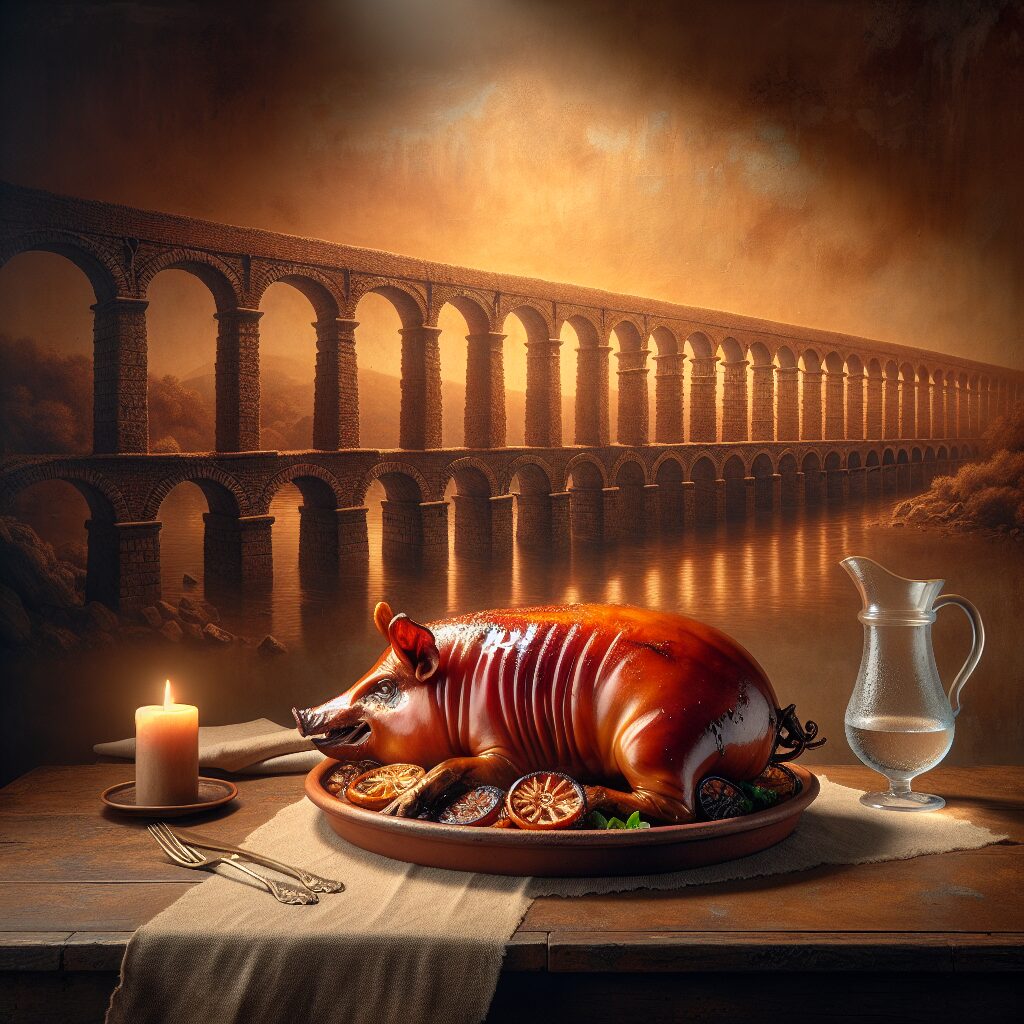 Un cochinillo asado servido en una bandeja de cerámica sobre una mesa rústica frente a una línea sugerida del Acueduc…