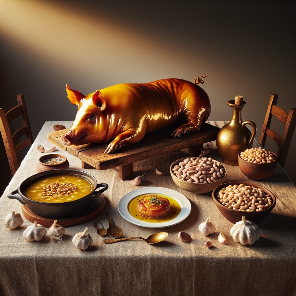 Mesa rústica castellana con cochinillo dorado, cazuela de judiones y tazones de sopa de ajo sobre mantel de lino, ilu…