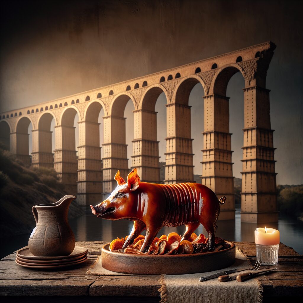 Un cochinillo asado servido en una bandeja de cerámica sobre una mesa de madera rústica, con el Acueducto estilizado …