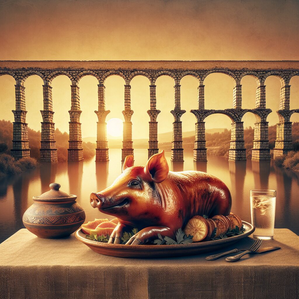 Cochinillo asado dorado servido en una fuente de cerámica sobre una mesa rústica, con el perfil estilizado del Acuedu…