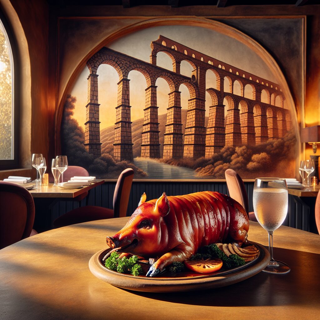 Cochinillo asado presentado en una fuente de cerámica sobre una mesa de madera en un ambiente castellano elegante, co…