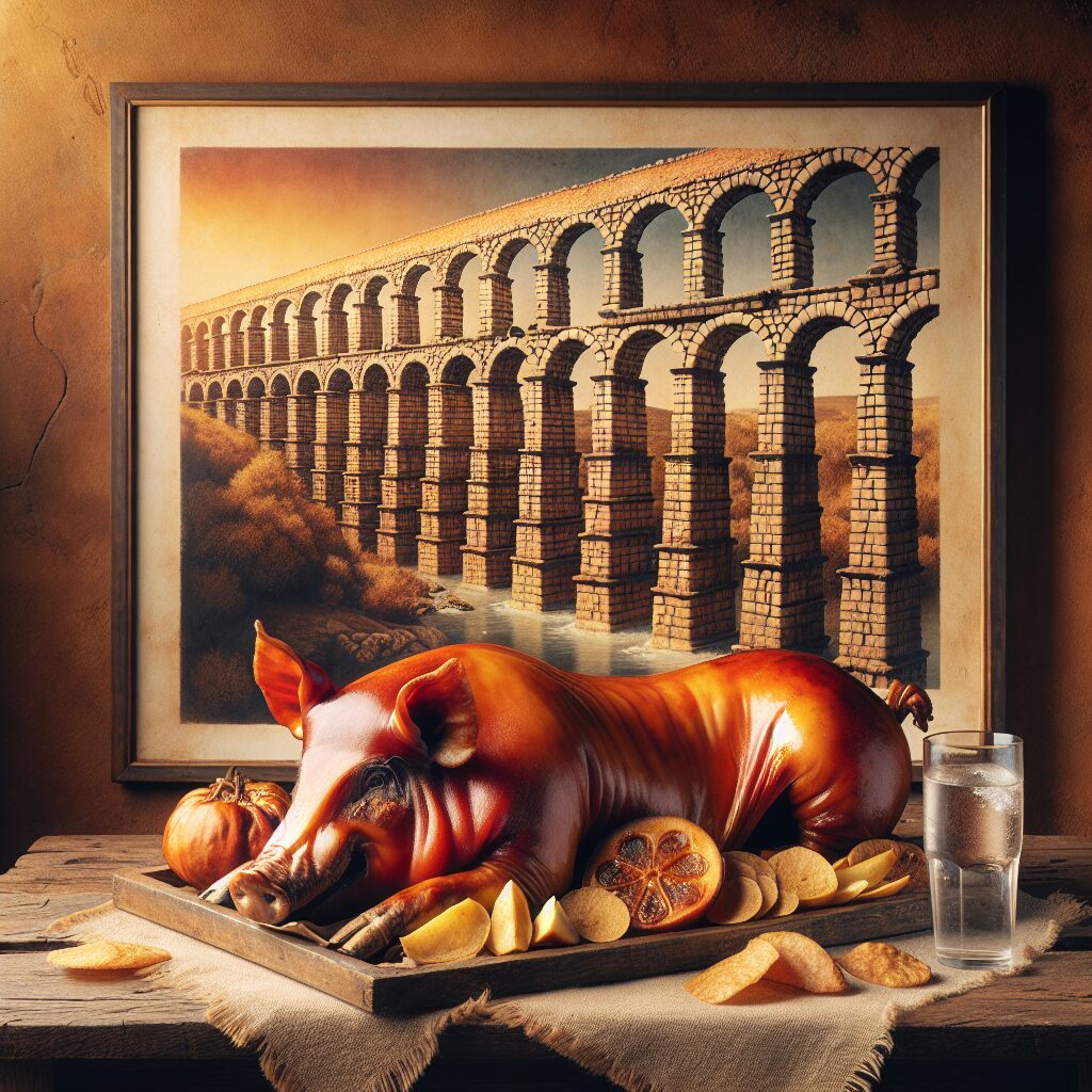 Cochinillo asado servido en una bandeja rústica sobre una mesa de madera, con de fondo una interpretación elegante y …