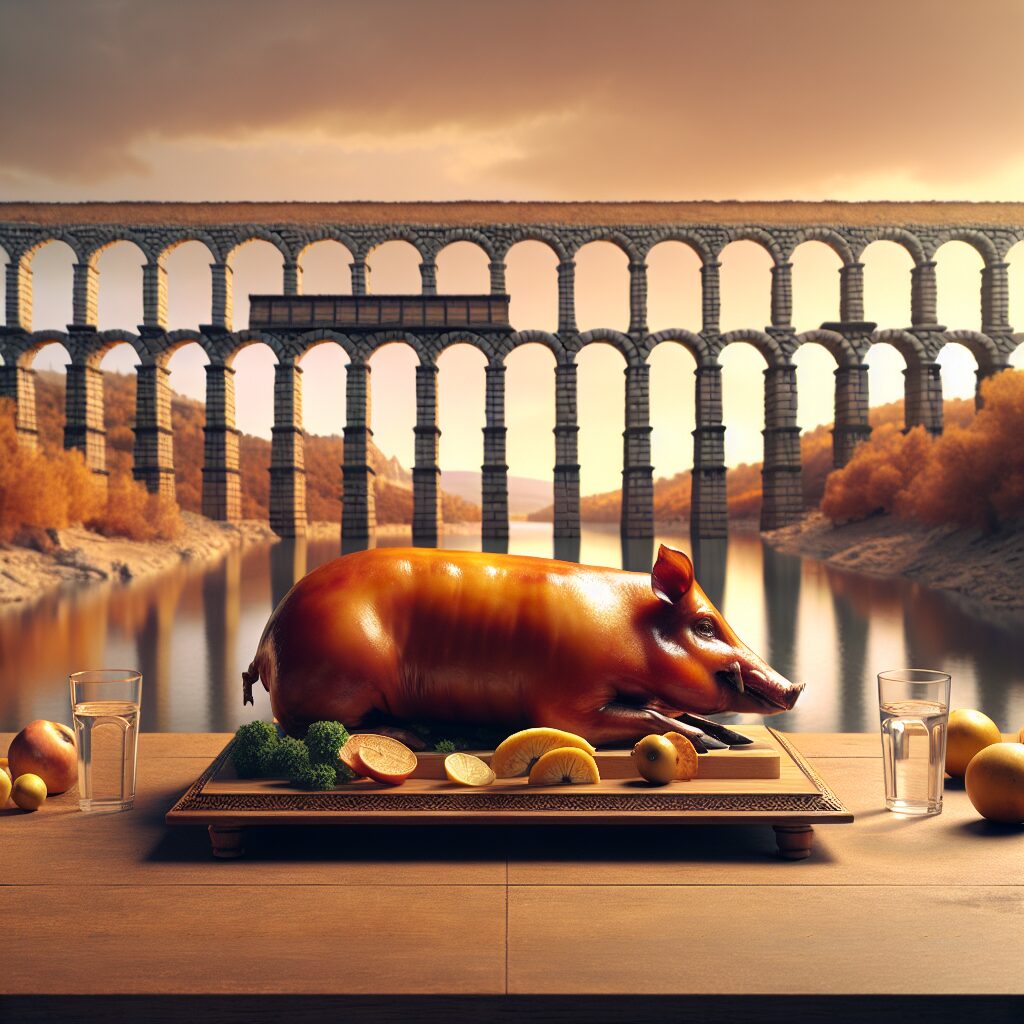 Un cochinillo asado dorado servido en una fuente tradicional sobre una mesa de madera, con un fondo estilizado del Ac…