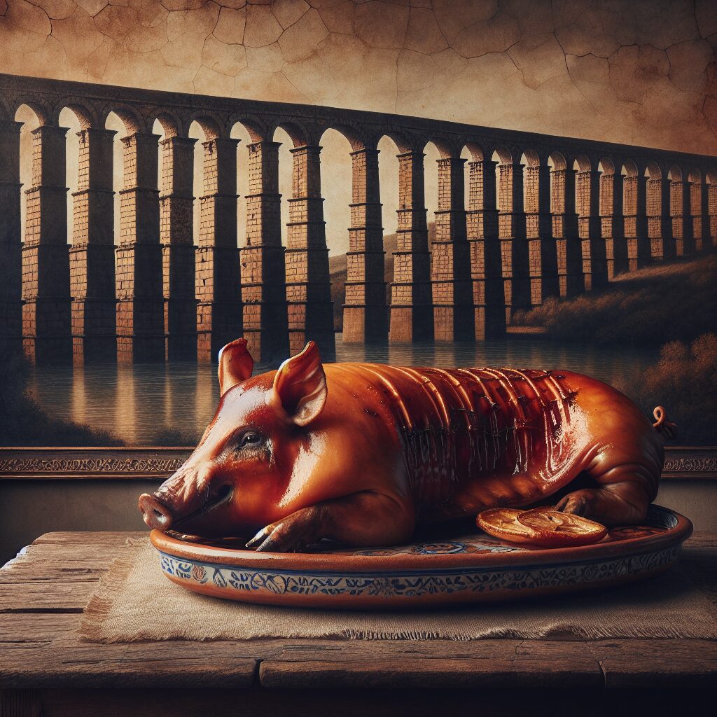Un cochinillo asado entero sobre una bandeja de cerámica tradicional castellana, servido en una mesa de madera rústic…