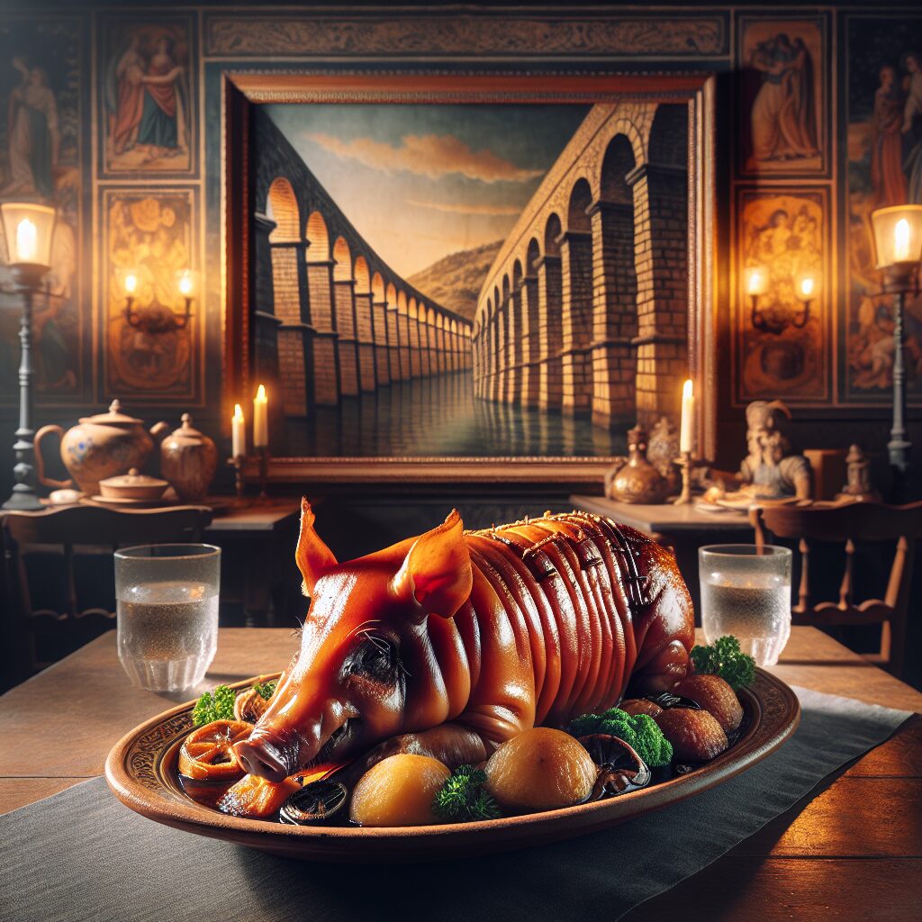 Plato de cochinillo asado dorado sobre una fuente de cerámica, colocado sobre mesa de madera en un ambiente castellan…