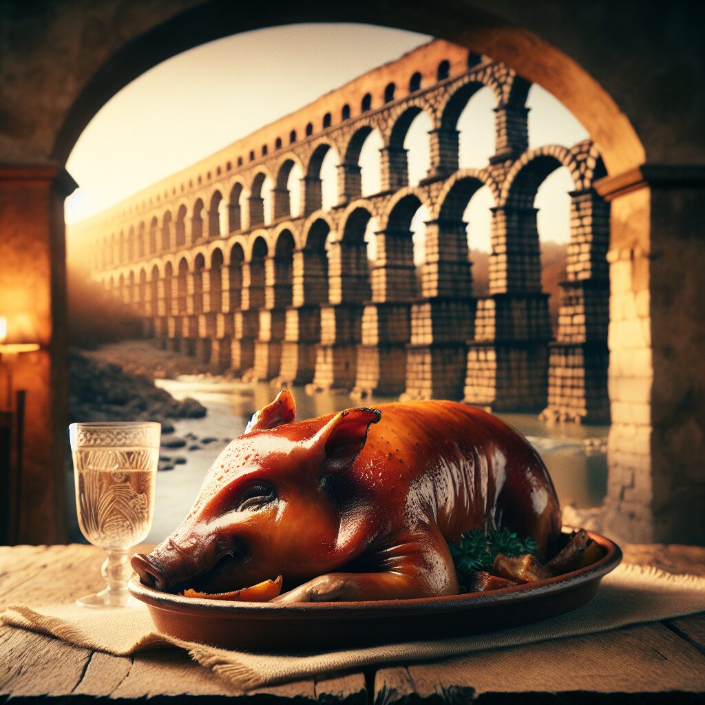 Un cochinillo asado servido en una fuente de cerámica sobre una mesa rústica, con el perfil estilizado del Acueducto …
