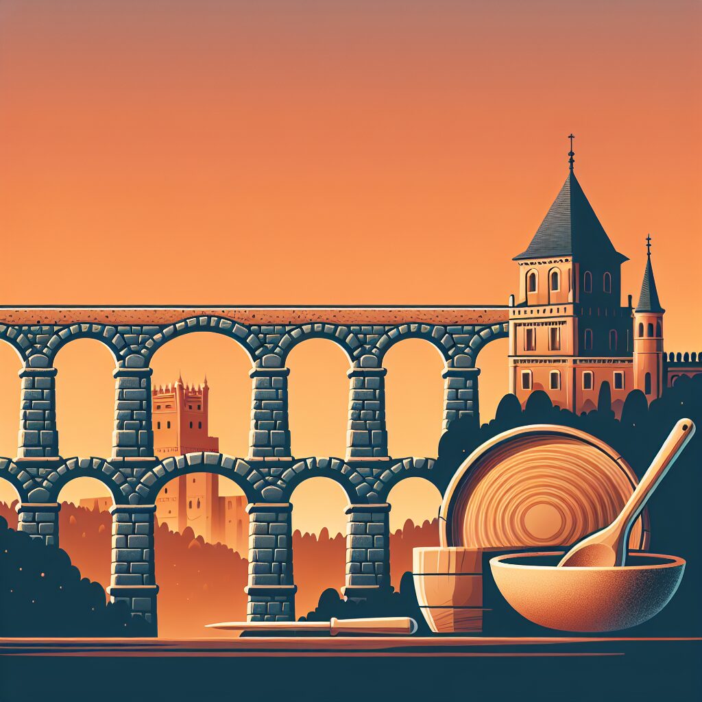 Acueducto de Segovia al atardecer, iluminación cálida, el Alcázar al fondo y elementos gastronómicos estilizados (pla…
