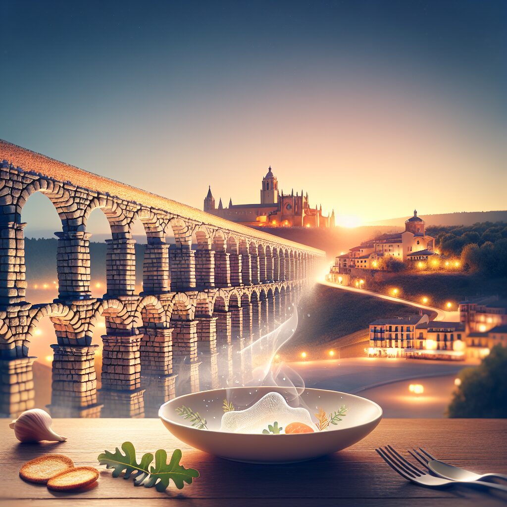 El Acueducto de Segovia al atardecer, con luces cálidas y niebla sutil, el Alcázar y la Catedral estilizados en el ho…