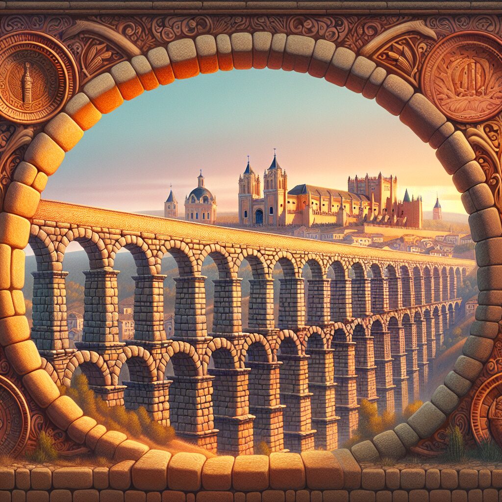El Acueducto de Segovia al atardecer, iluminado con tonos cálidos, con el Alcázar en la distancia y detalles estiliza…