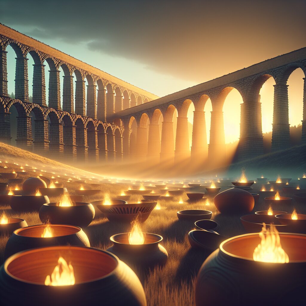 El Acueducto de Segovia al atardecer con luz dorada, bruma suave y detalles estilizados de platos de barro y brasas i…