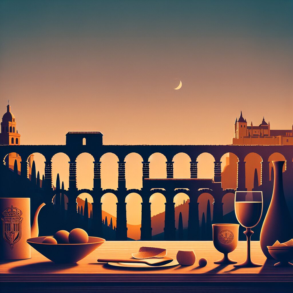 El Acueducto de Segovia al atardecer, estilizado con tonos cálidos y trazos digitales, con elementos culturales suger…
