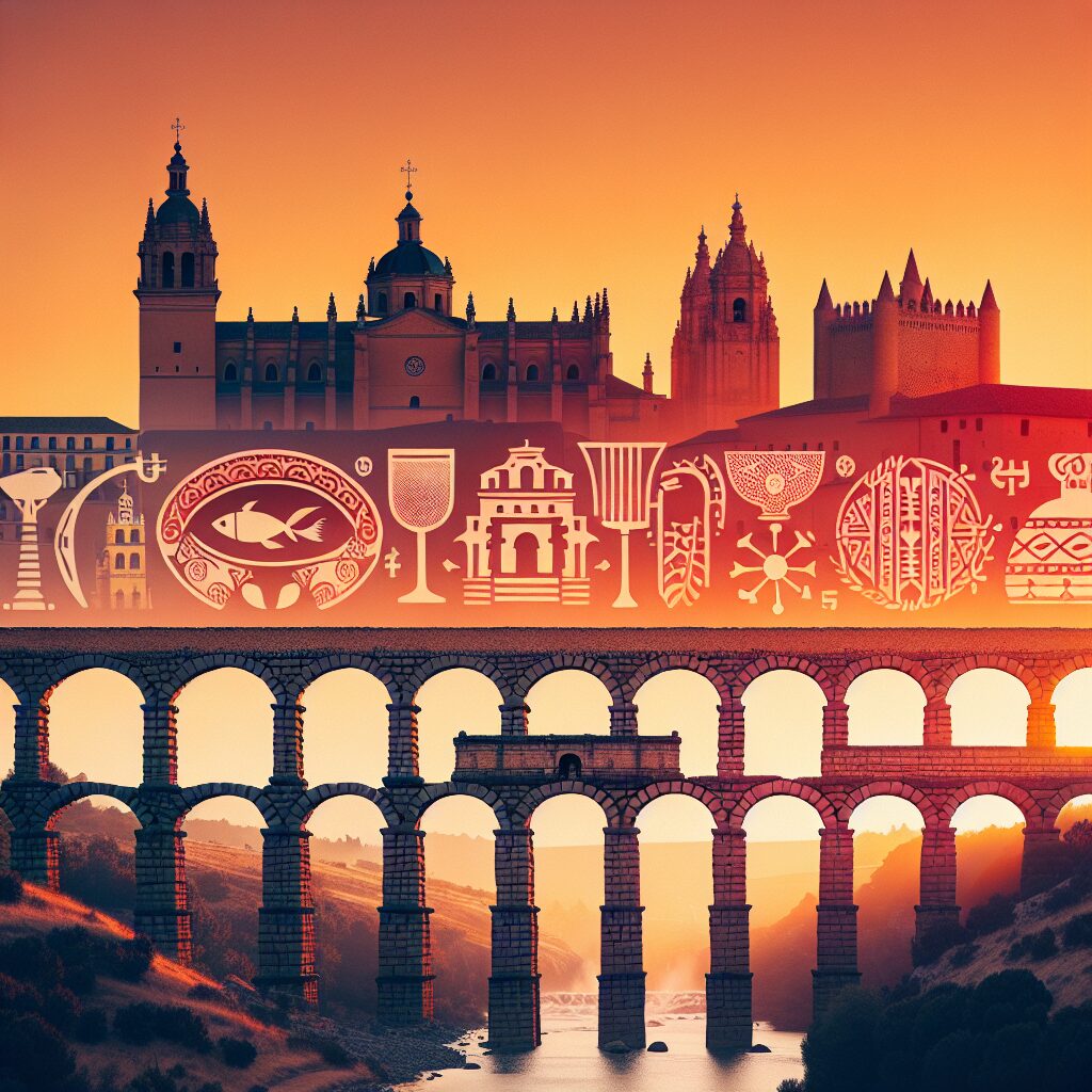 El Acueducto de Segovia al atardecer, con una iluminación cálida y elementos culturales estilizados (platos tradicion…