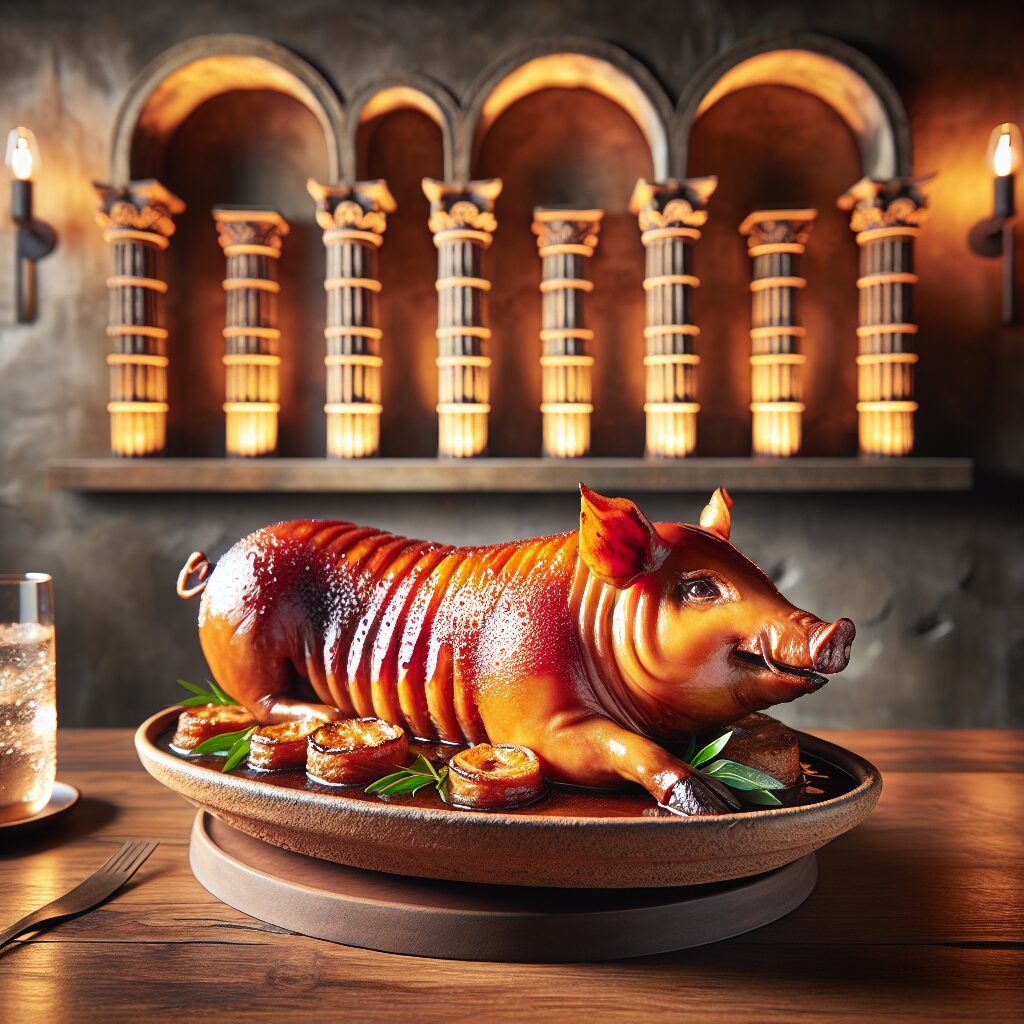 Un cochinillo asado dorado servido sobre una fuente de cerámica rústica en una mesa de madera, con un fondo elegante …