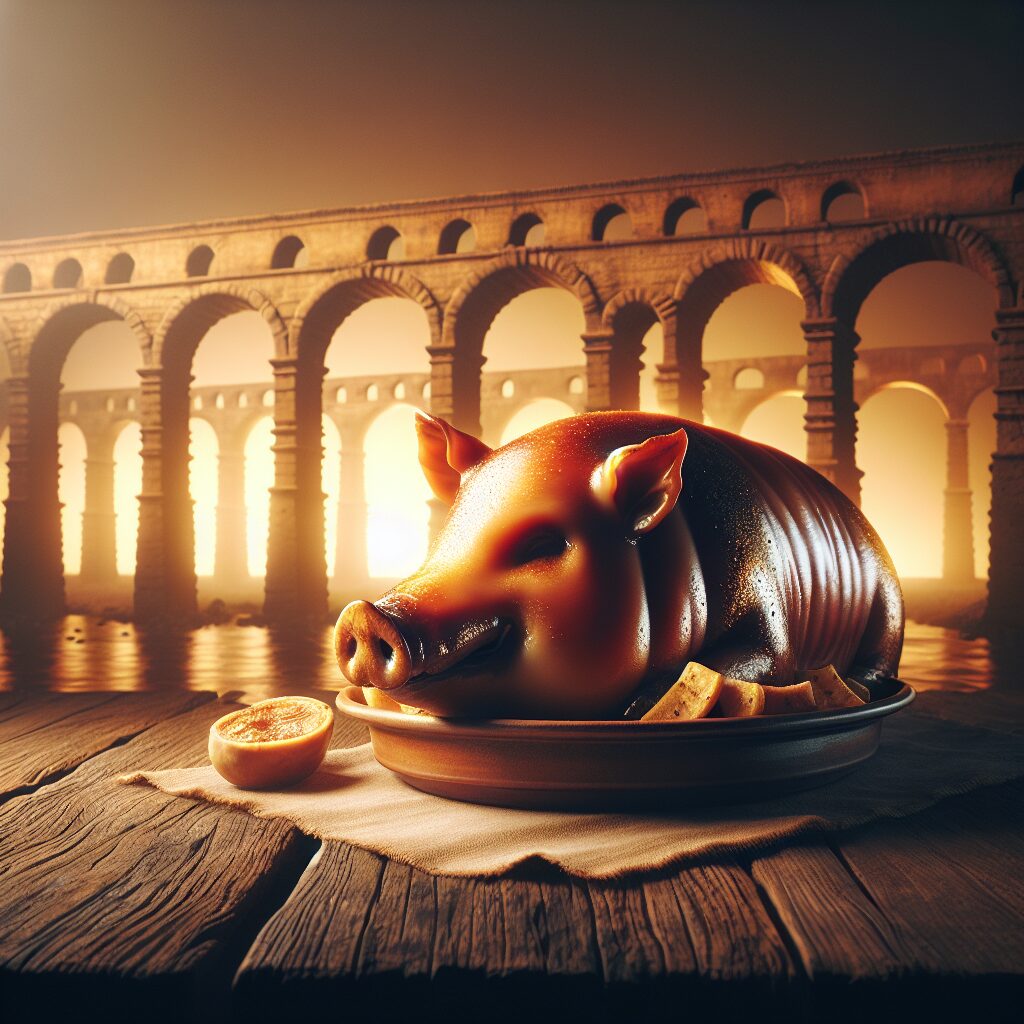 Un cochinillo asado dorado servido en una fuente de cerámica sobre una mesa de madera rústica, con un Acueducto estil…
