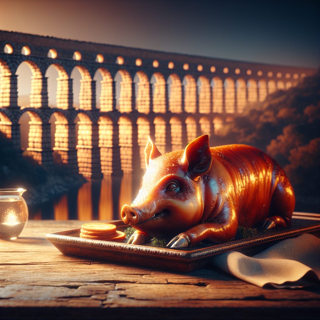 Un cochinillo asado servido en una bandeja de cerámica rústica sobre una mesa de madera, con el Acueducto de Segovia …