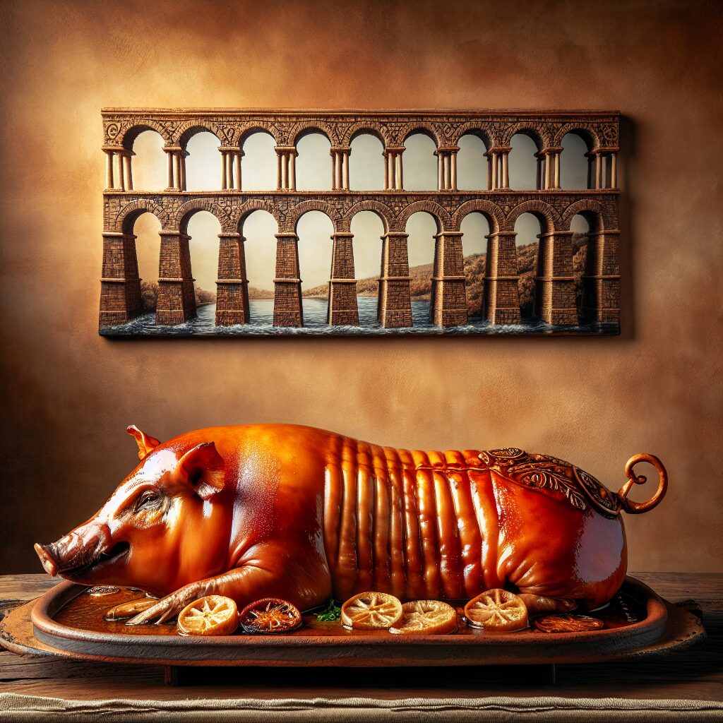 Un cochinillo asado entero servido sobre una bandeja de cerámica rustica en una mesa de madera, con el Acueducto esti…