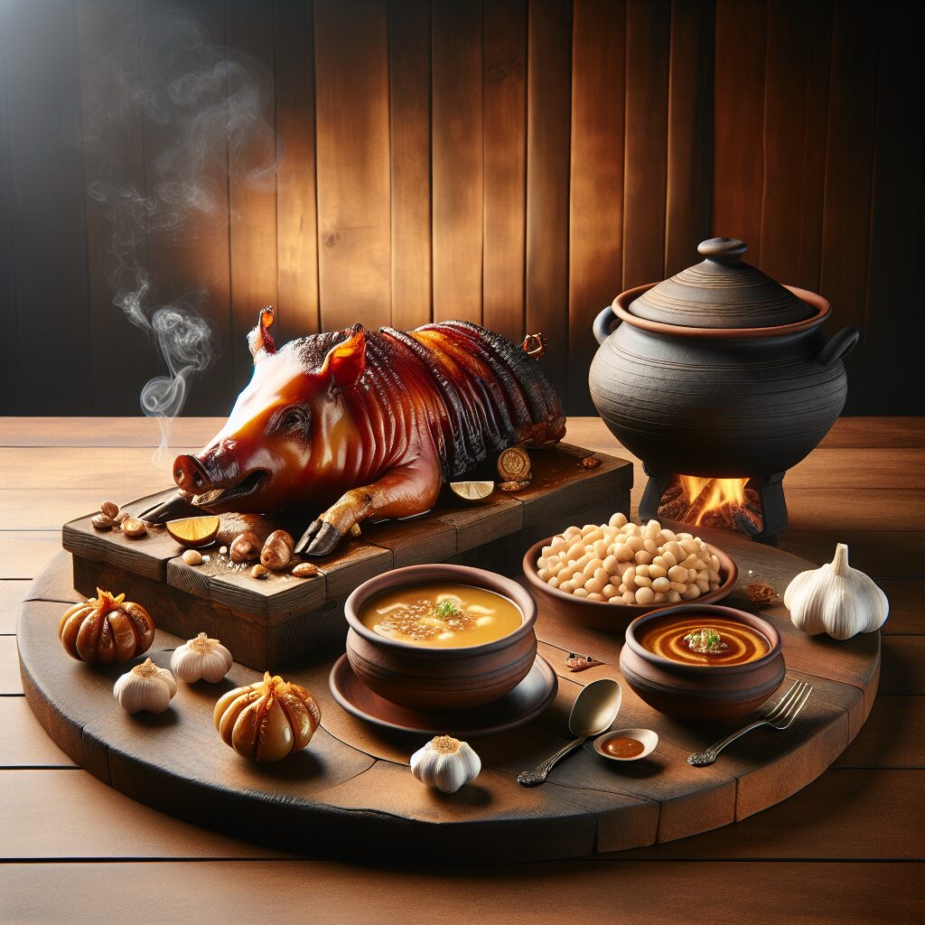 Mesa rústica castellana con platos estilizados: cochinillo asado con piel crujiente, judiones en olla de barro y tazo…