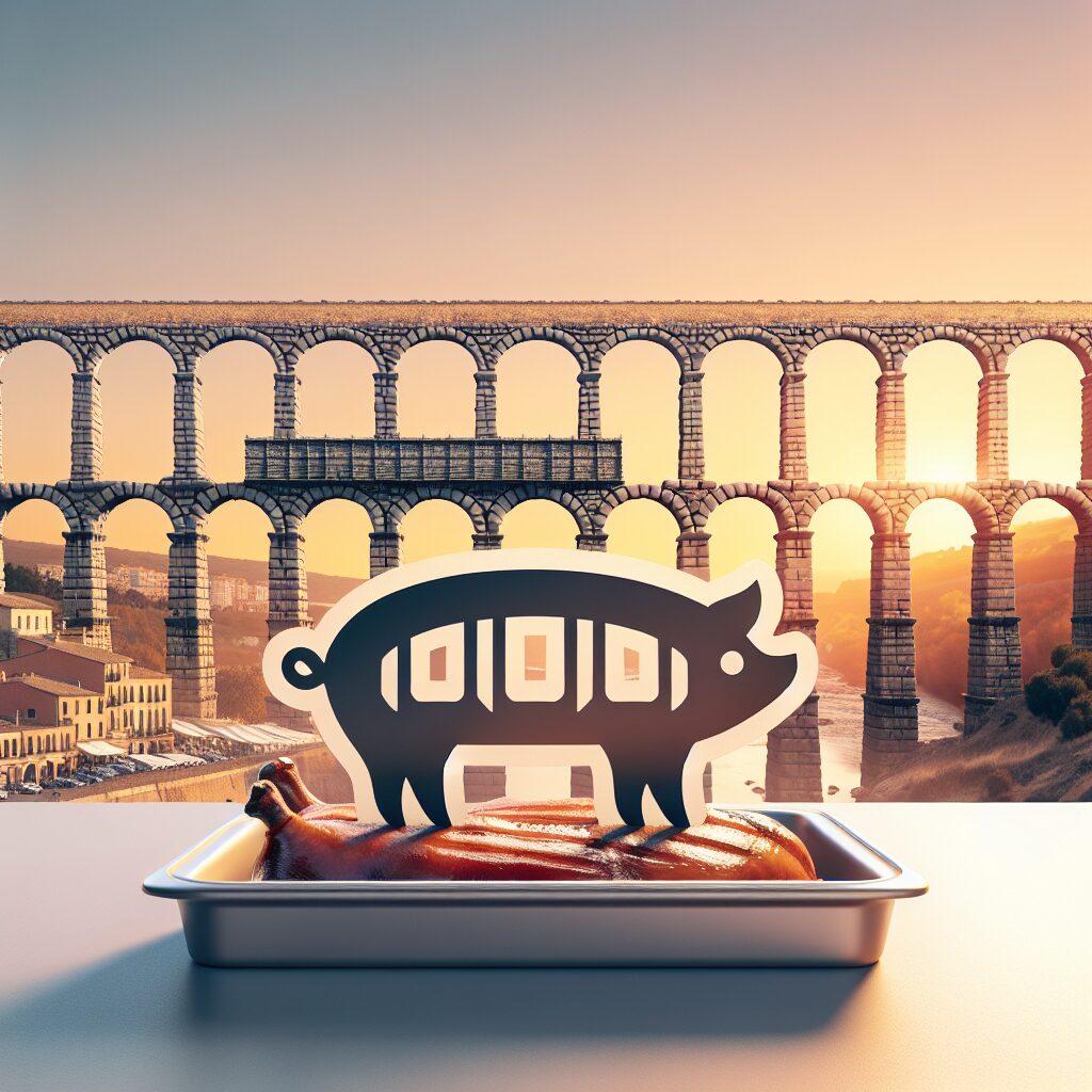 Vista amplia del Acueducto de Segovia al atardecer con tonos cálidos, y en primer plano una bandeja estilizada con un…