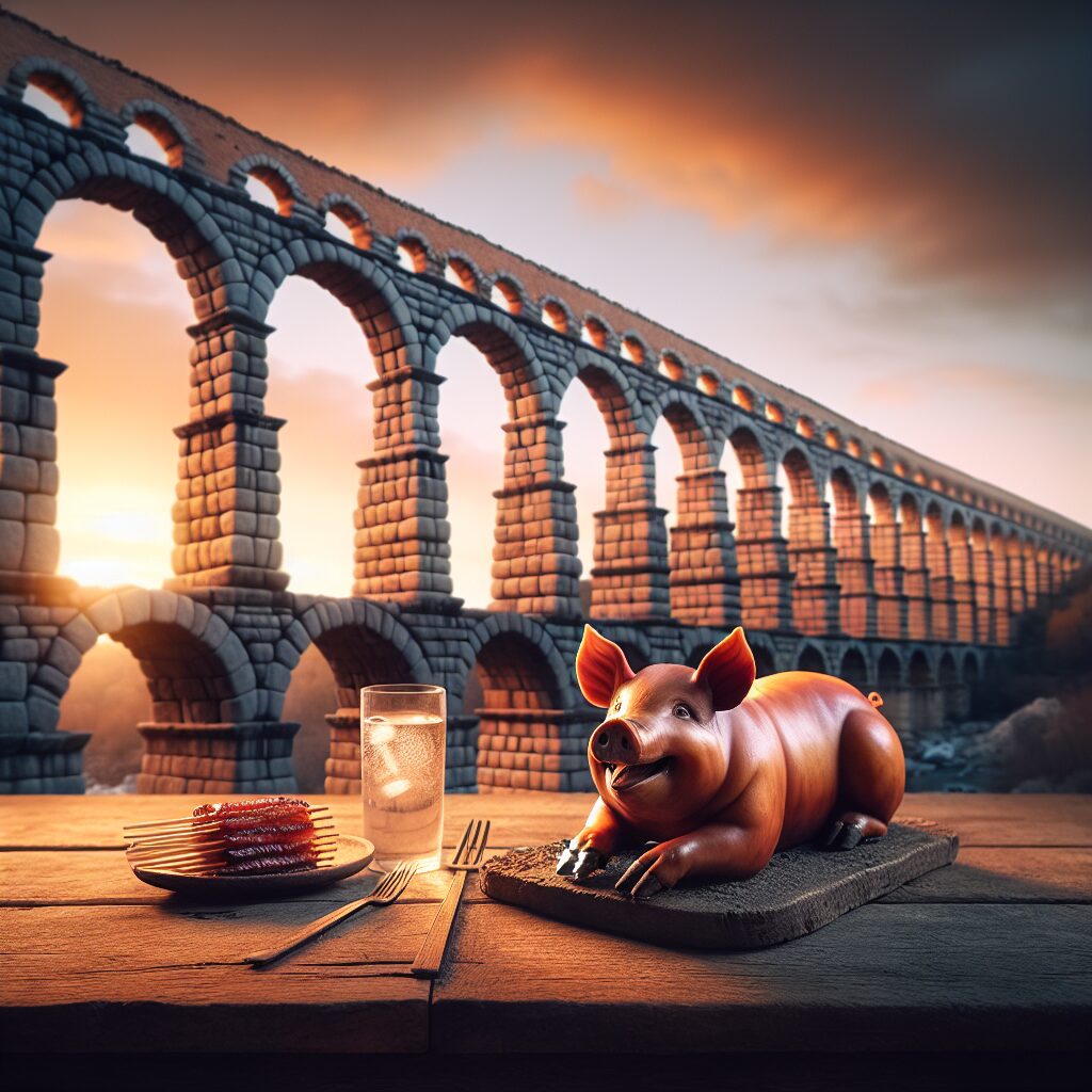 Una vista editorial moderna del Acueducto de Segovia al atardecer, con un cochinillo asado estilizado en primer plano…