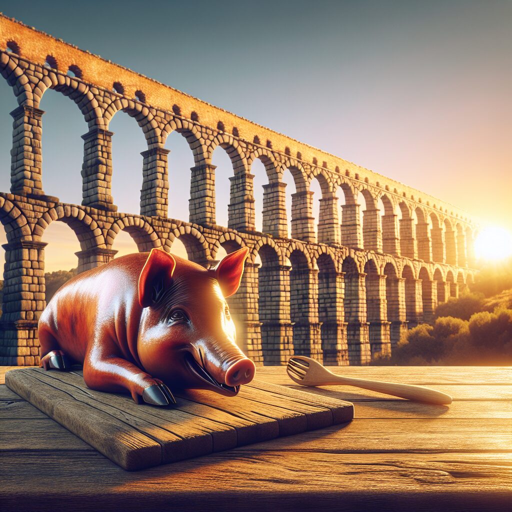 Ilustración digital del Acueducto de Segovia al atardecer, con una mesa rústica en primer plano donde se ve un cochin…