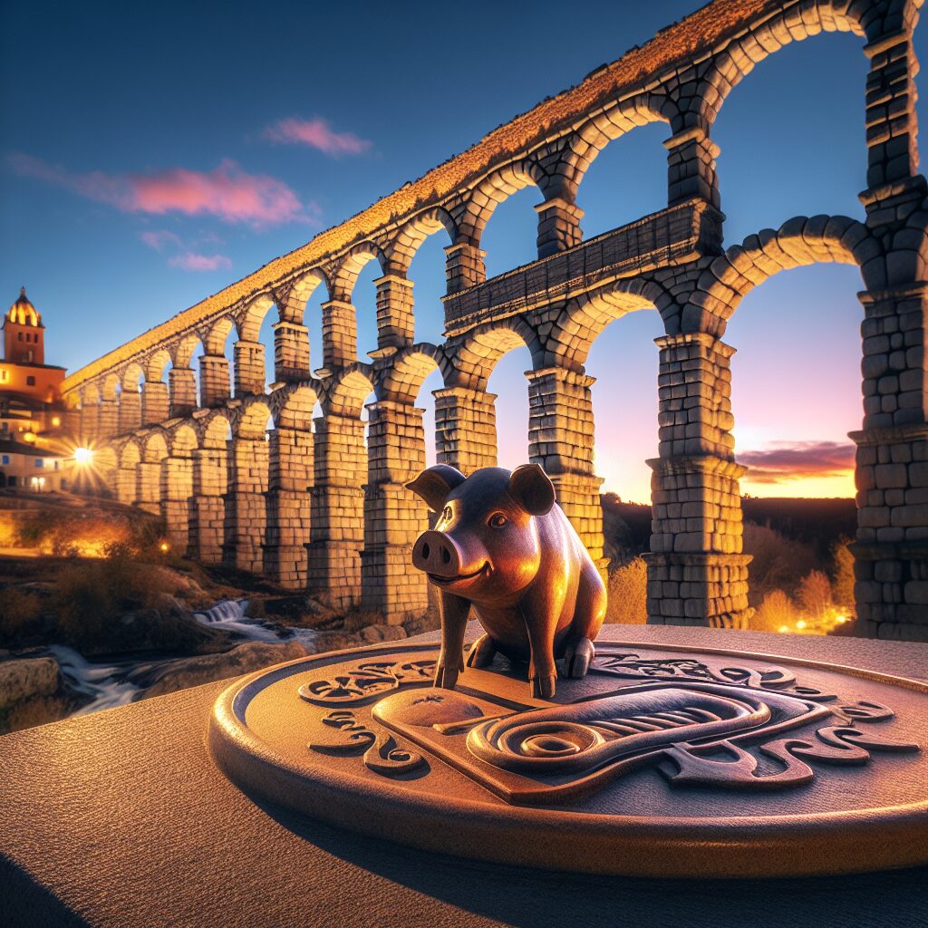 El Acueducto de Segovia iluminado al atardecer con tonalidades cálidas, en primer plano una mesa de piedra con un coc…