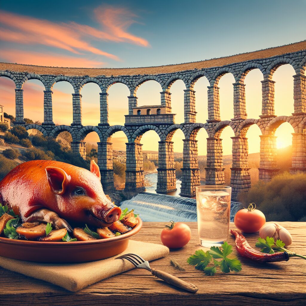 Ilustración digital del Acueducto de Segovia al atardecer con un plato stylizado de cochinillo asado en primer plano …