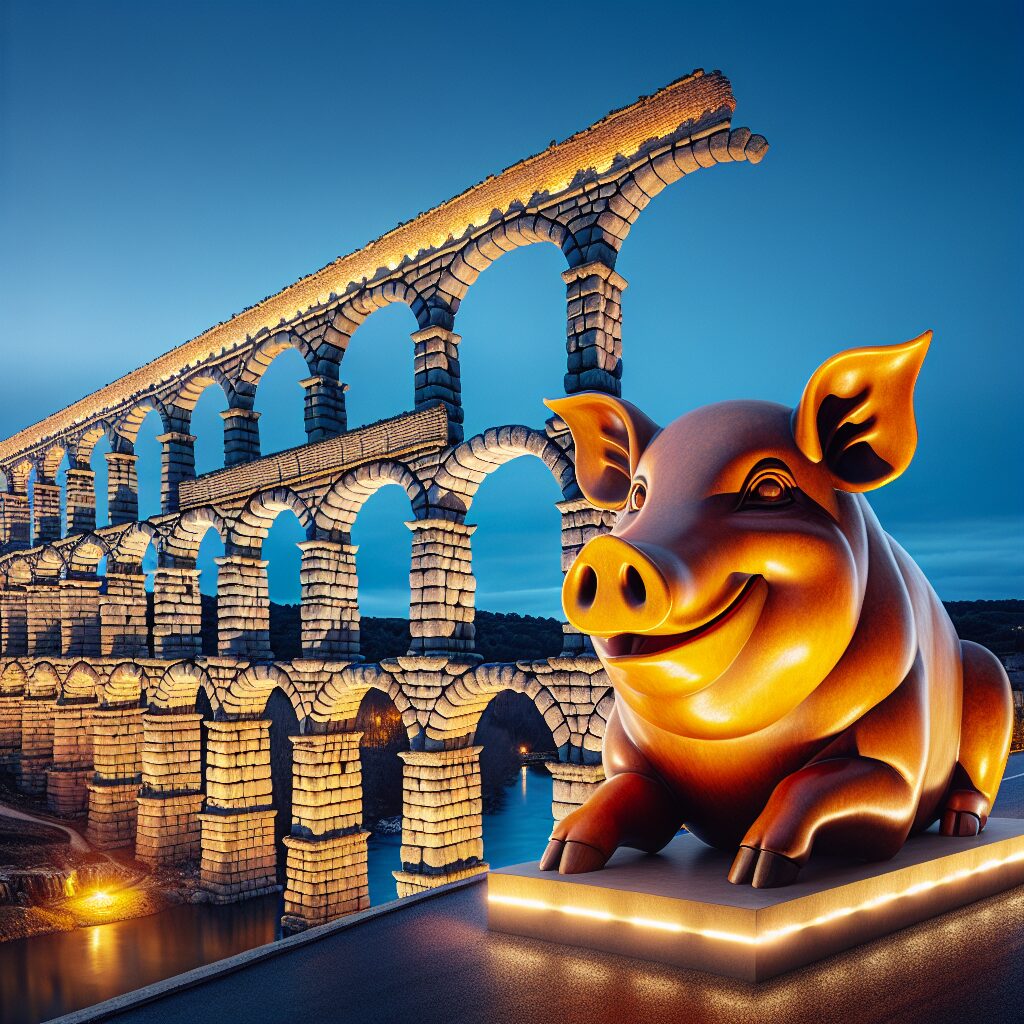 El Acueducto de Segovia iluminado al atardecer junto a una mesa con un cochinillo asado estilizado como símbolo cultu…