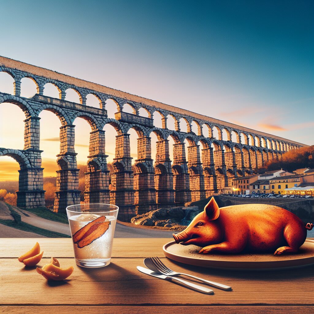 El Acueducto de Segovia al atardecer con un plato estilizado de cochinillo asado en primer plano sobre una mesa de ma…