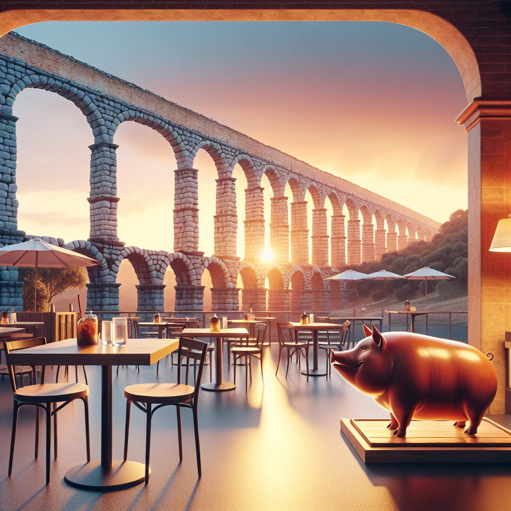 El Acueducto de Segovia al atardecer con mesas exteriores y un cochinillo asado estilizado en primer plano, iluminaci…