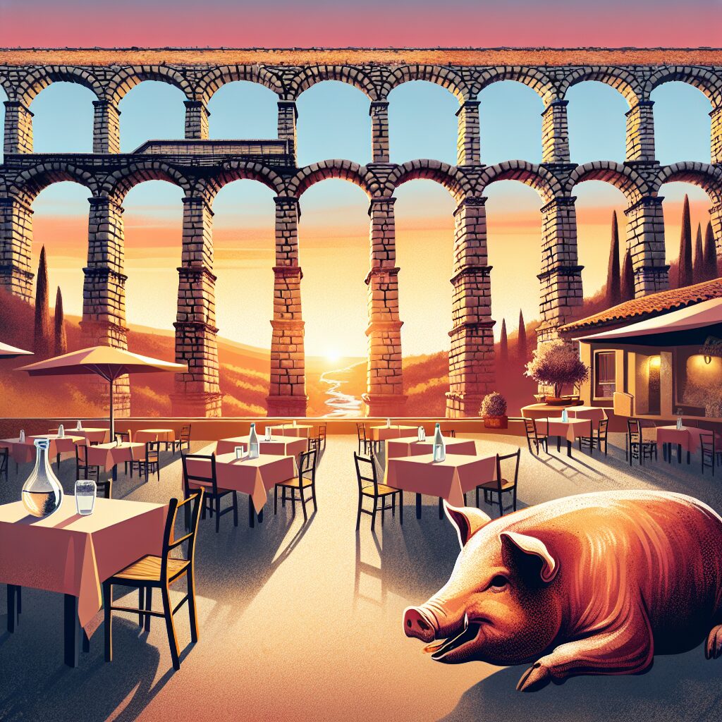 Ilustración digital del Acueducto de Segovia al atardecer con mesas de un mesón tradicional en primer plano y un coch…