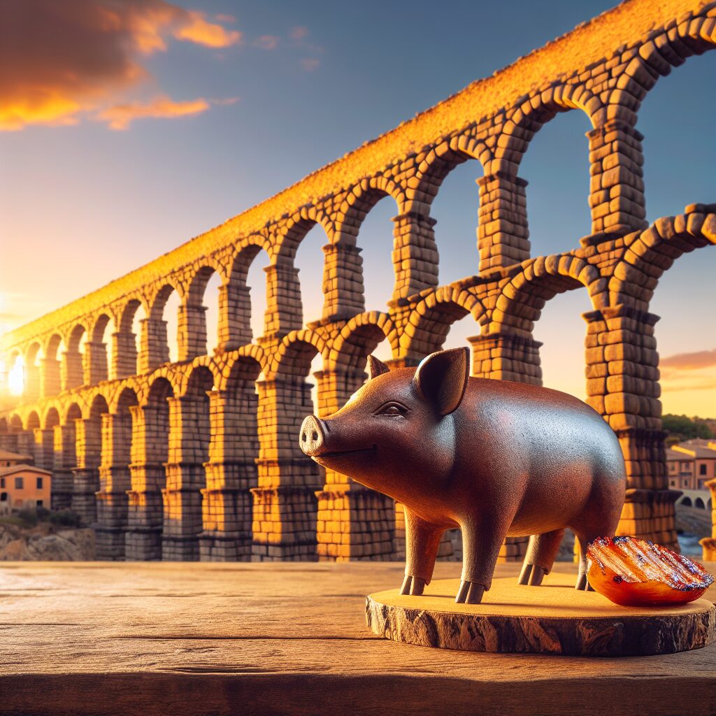 El Acueducto de Segovia al atardecer, con luz cálida sobre la piedra, y en primer plano un cochinillo asado estilizad…
