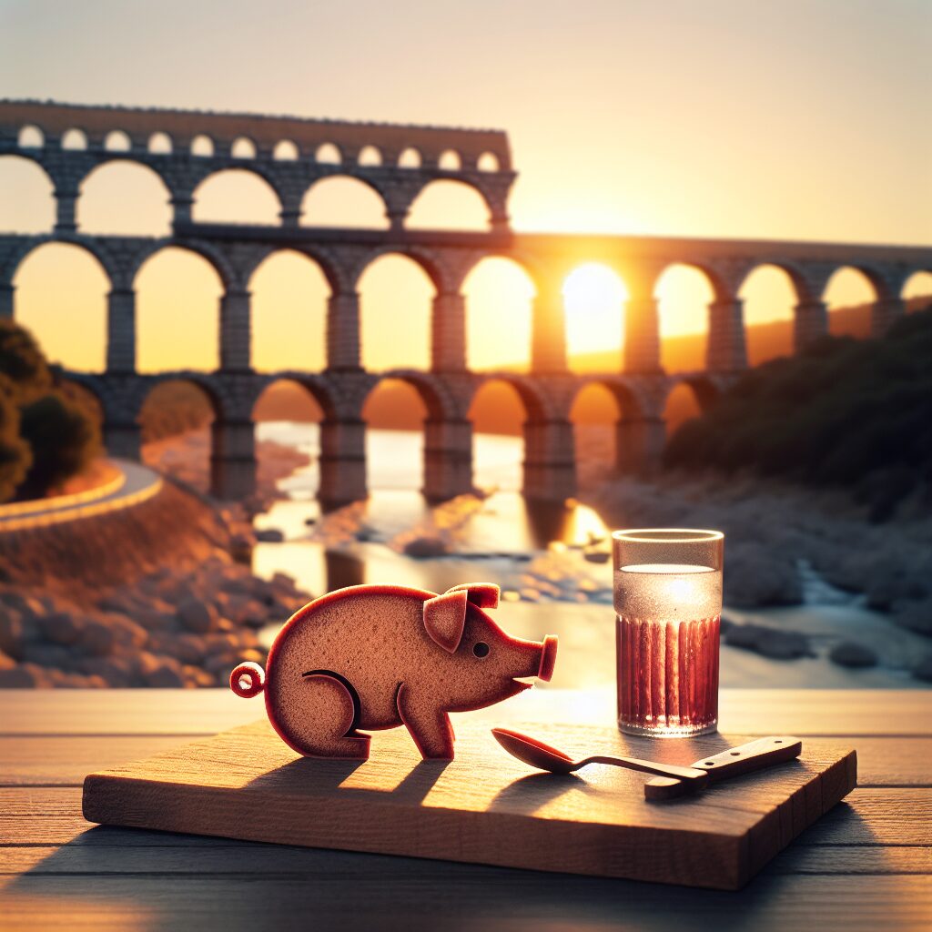 Atardecer sobre el Acueducto de Segovia con luz dorada, y en primer plano una mesa rústica con un cochinillo asado es…