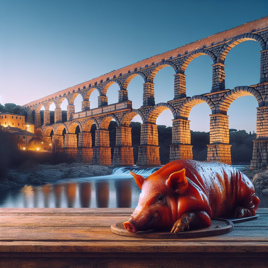 El Acueducto de Segovia al atardecer en estilo digital, con un cochinillo asado estilizado sobre una mesa rústica en …