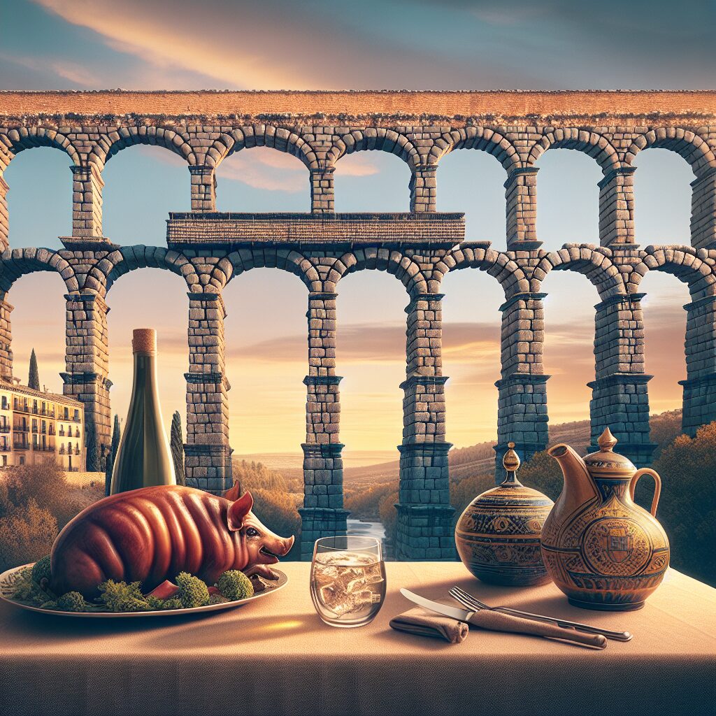 El Acueducto de Segovia al atardecer con una mesa tradicional en primer plano y un cochinillo asado estilizado como e…