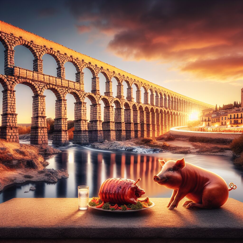 El Acueducto de Segovia iluminado al atardecer con tonos cálidos y en primer plano un cochinillo asado estilizado com…