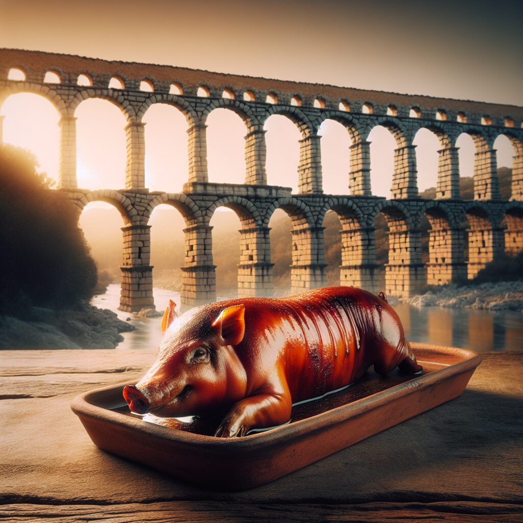 Un cochinillo asado entero, presentado en una bandeja de barro sobre una mesa de madera rústica, con los arcos del Ac…