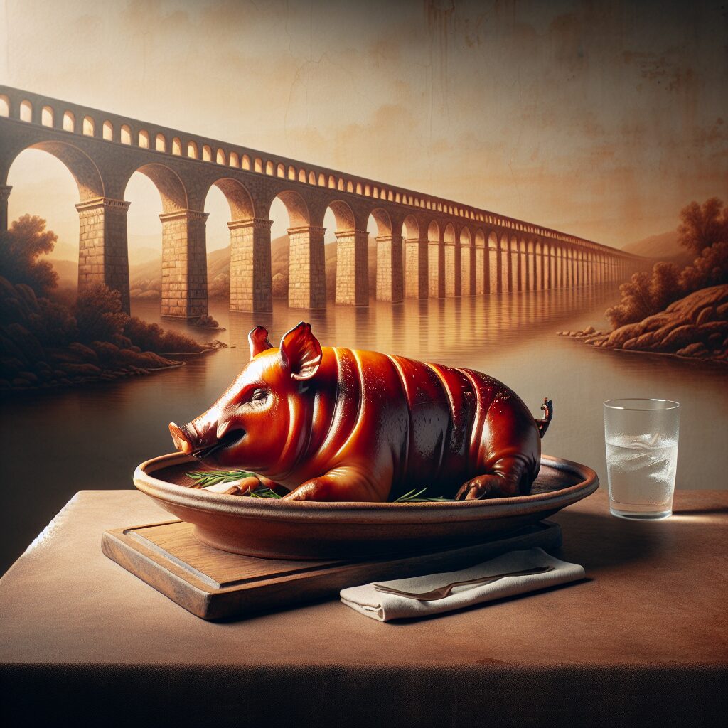 Un cochinillo asado servido en una fuente de cerámica sobre una mesa rústica, con un fondo elegante que sugiere un ac…
