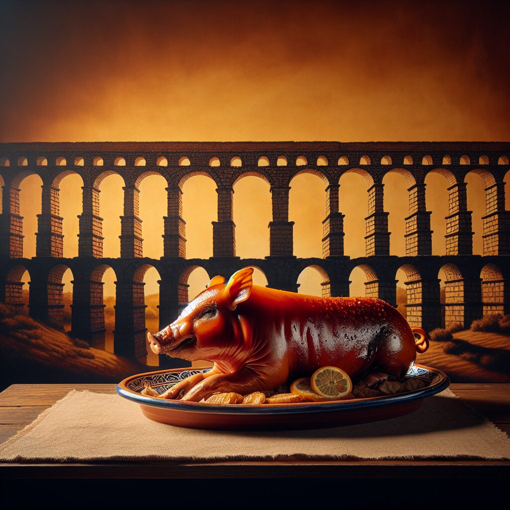 Un cochinillo asado con piel dorada servido sobre un plato de cerámica tradicional castellana, colocado en una mesa d…