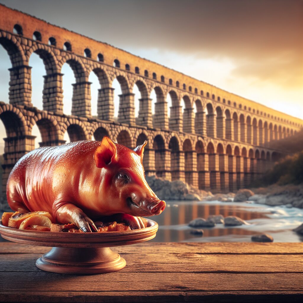Un cochinillo asado servido en una bandeja de cerámica sobre una mesa rústica de madera, con el Acueducto de Segovia …