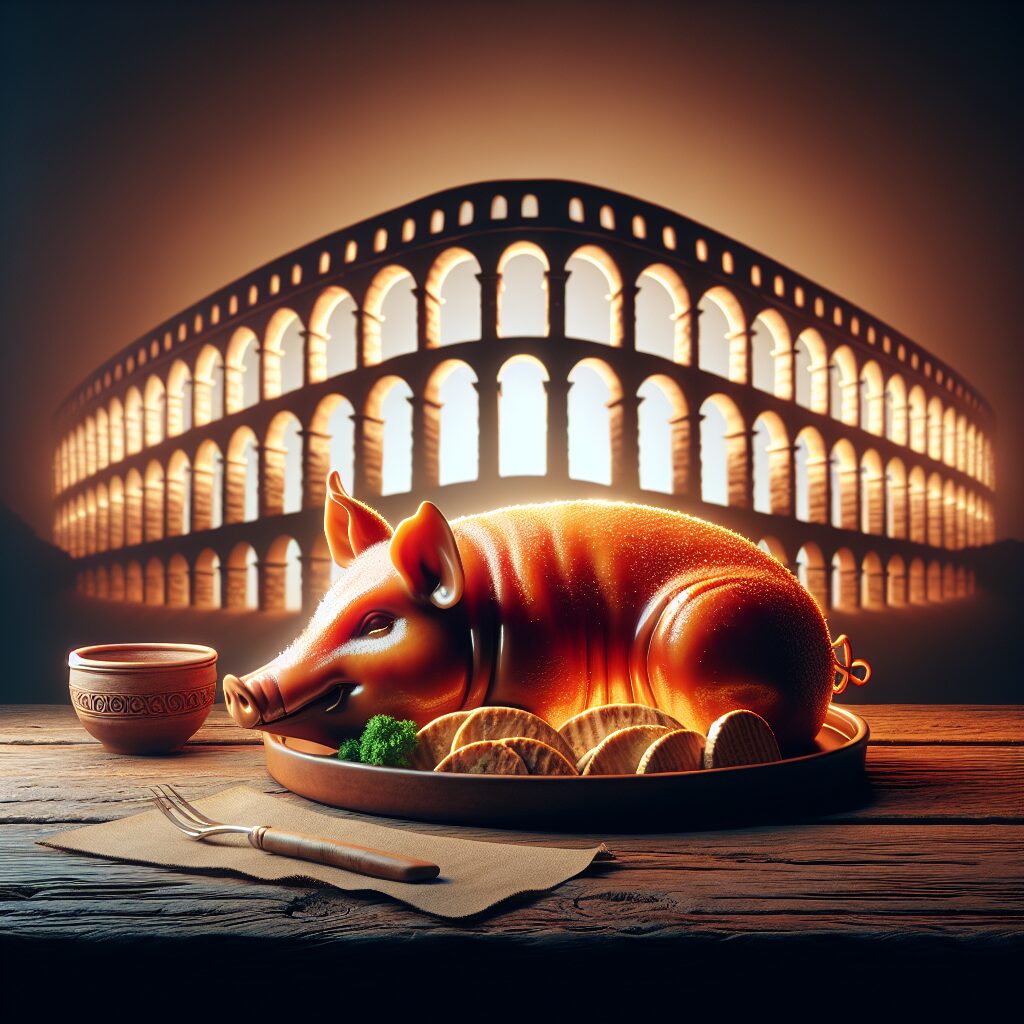 Un cochinillo asado dorado servido sobre una bandeja de cerámica en una mesa de madera rústica, con el perfil estiliz…