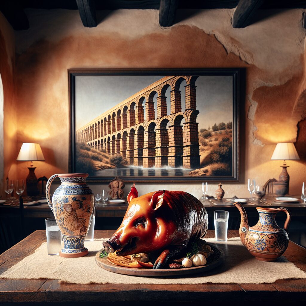 Cochinillo asado servido sobre una mesa rústica en un comedor castellano elegante, con el perfil estilizado del Acued…