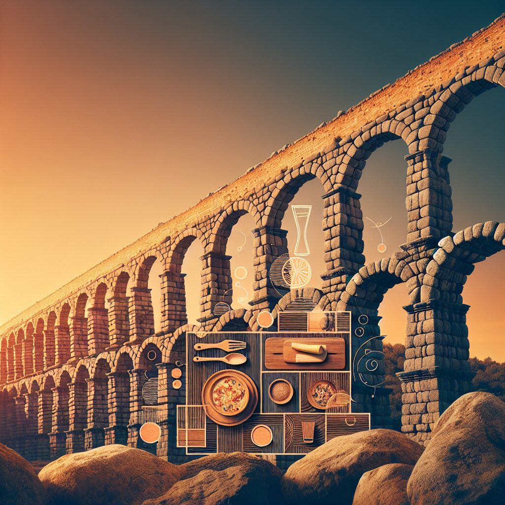 Acueducto de Segovia al atardecer, con luces cálidas, texturas de piedra realzadas y elementos gastronómicos sutiles …