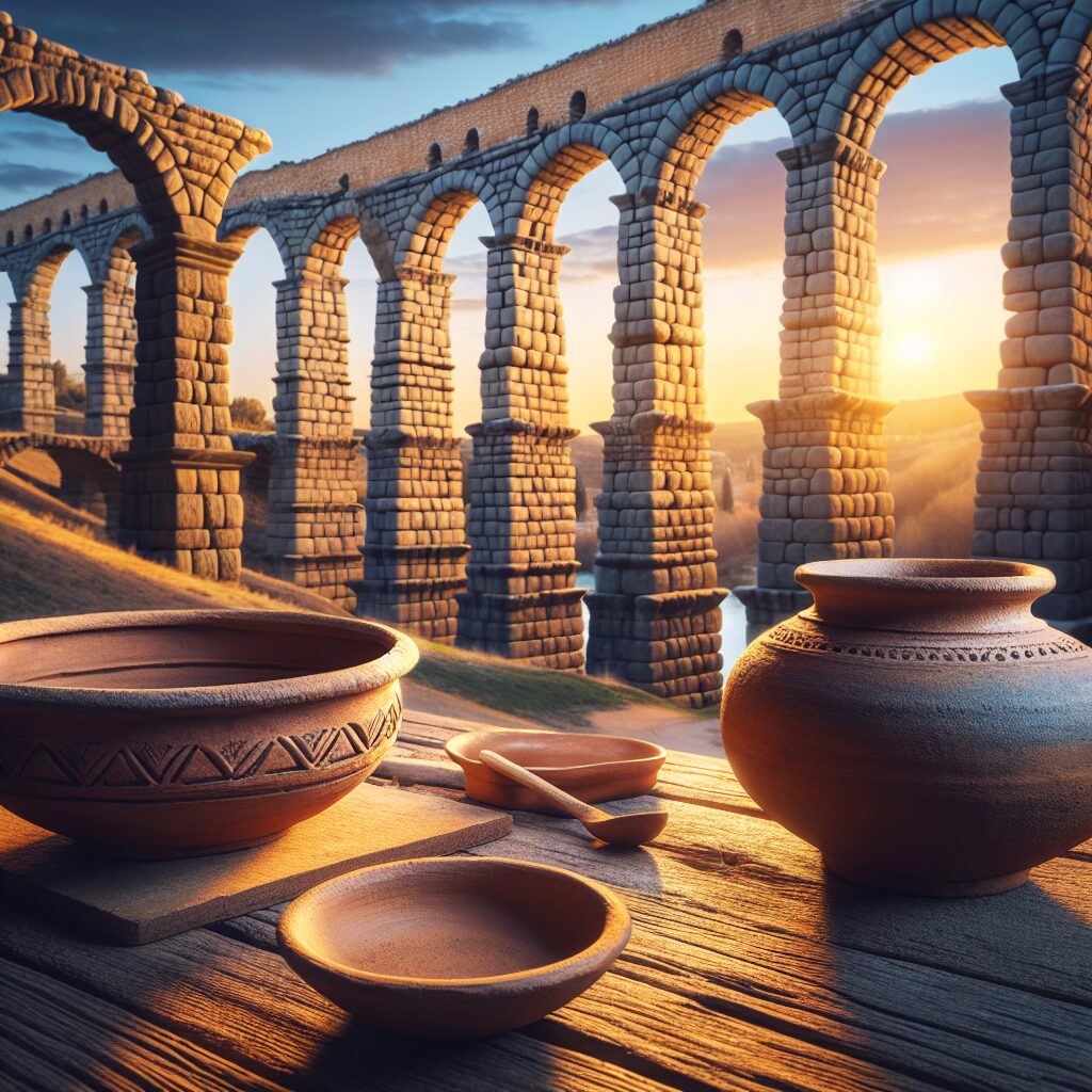 El Acueducto de Segovia al atardecer con iluminación cálida, detalles de piedra resaltados y una mesa vacía con vajil…