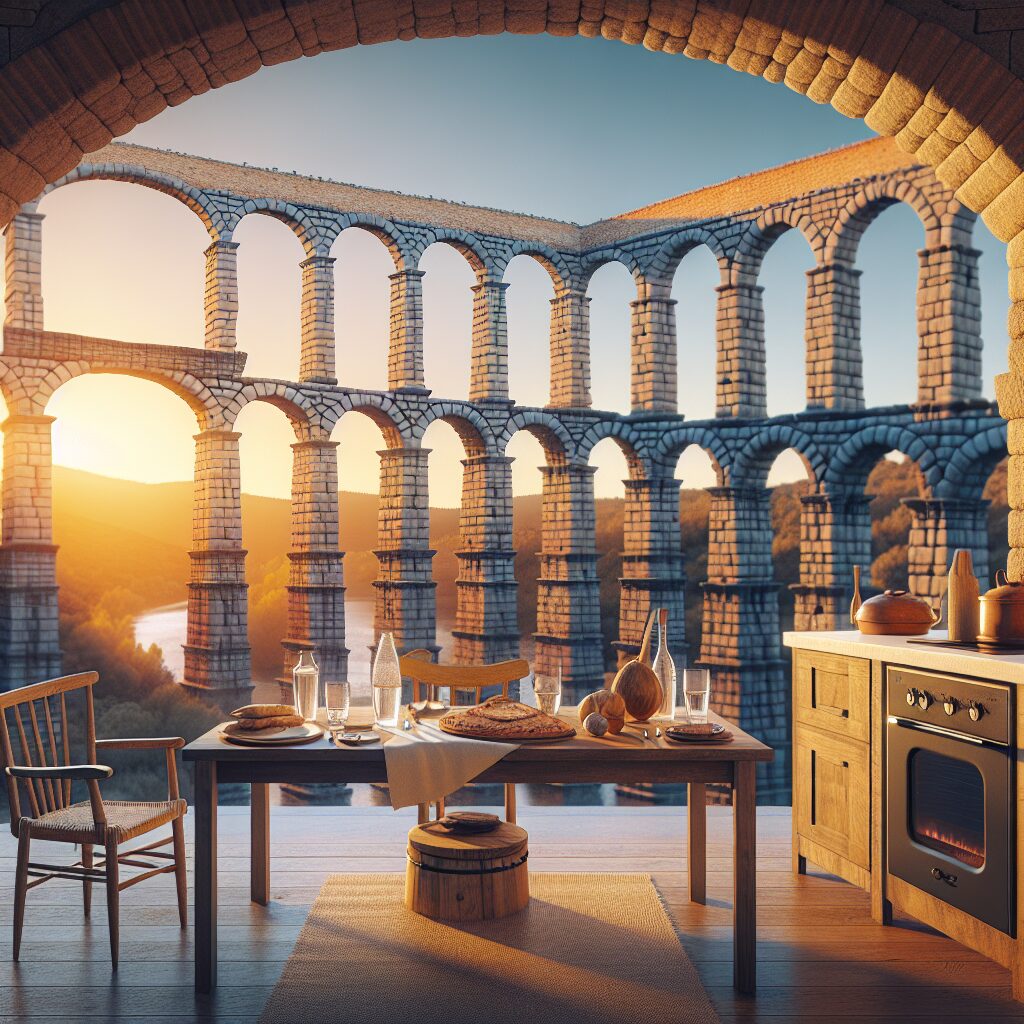 El Acueducto de Segovia al atardecer, con luz cálida dorando los arcos; a sus pies, una mesa rústica estilizada con u…