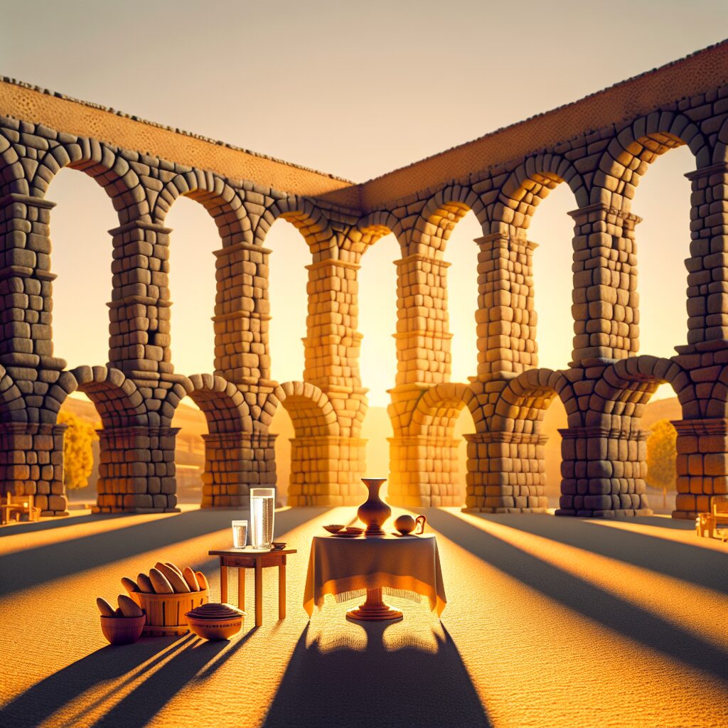 El Acueducto de Segovia al atardecer con luz dorada, sombras alargadas y elementos culturales estilizados como una me…